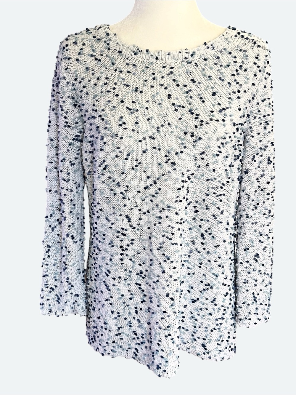 White Speckled Crewneck Sweater with Textured Shades of Blue Dots